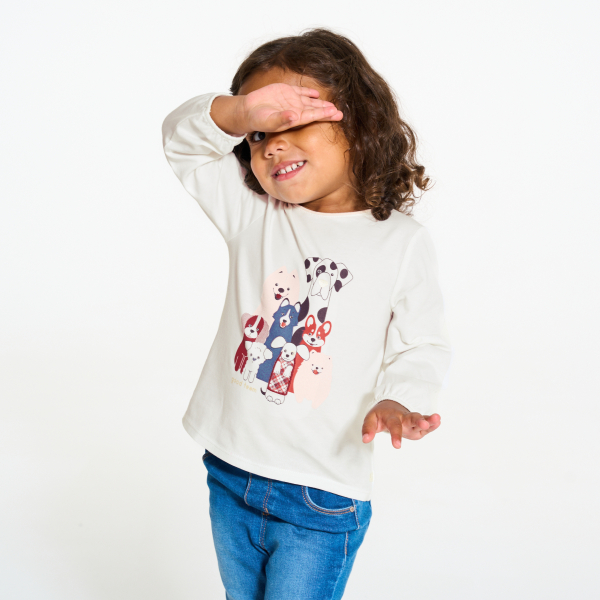 تيشيرت مزين برسمة للكلاب باللون الأبيض للفتيات الصغيرات